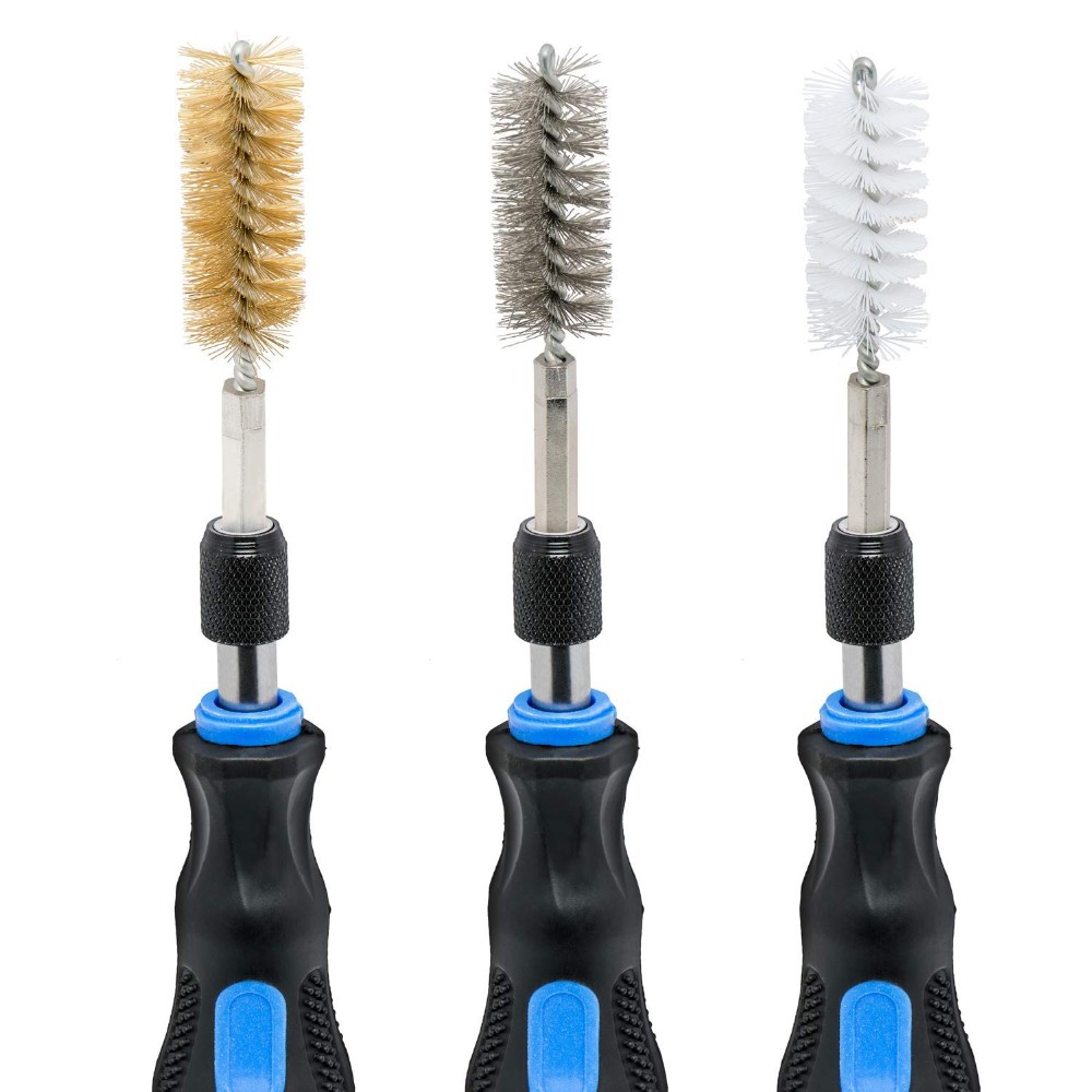 Auto Wire Brush 18-Pack Bore Brush Set Variety of Size Stainless Steel, Brass, Nylon Twisted for Cleaning Rust, 1/4in Hex Drill Shank for Power Drill Impact Driver with Handle, Extension Bar, Tool Bag