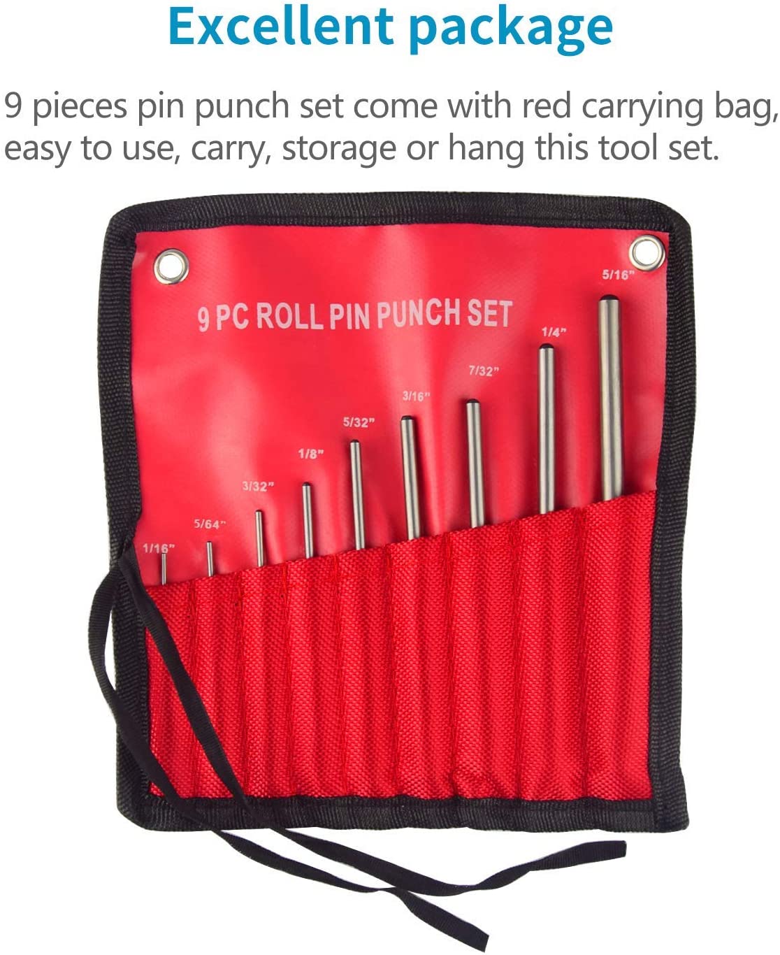 Roll Pin Punch Set with Storage Pouch, 9 Piece Steel Removal Tool Kit